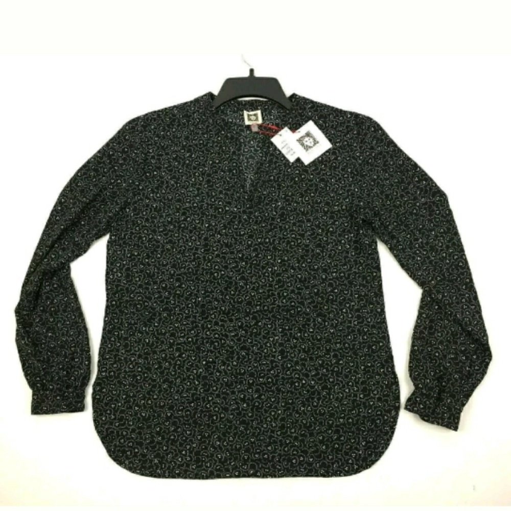 Anne Klein XS Black Patterned Split Neck Blouse